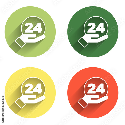 Set Telephone 24 hours support icon isolated with long shadow background. All-day customer support call-center. Full time call services. Color circle button. Vector
