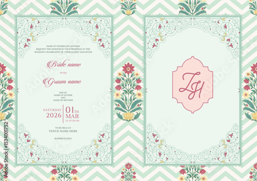 Traditional Mughal wedding invitation card with a vintage floral art theme. Diagonal chevron pattern in light mint and white adds a modern twist to the traditional layout.