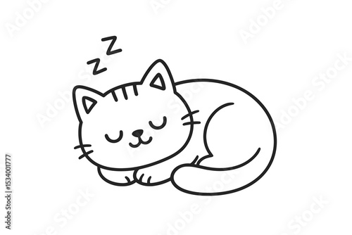 Cute sleeping cat doodle. Simple kawaii kitten line art illustration. Black and white cartoon pet animal character napping. Minimalist vector icon for logo or coloring book.