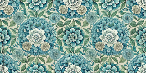 Elegant floral pattern featuring blue and cream blossoms on a soft green background.