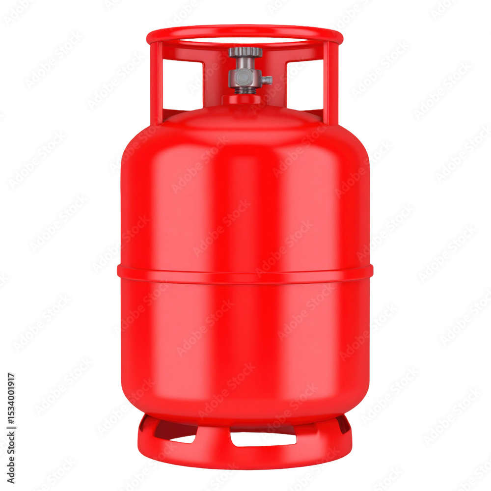 Obraz premium Red Gas Cylinder with Metal Valve for Home or Industrial Use Isolated on White Background
