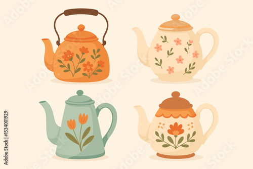 Charming vintage teapot and kettle collection with floral patterns. Set of cute hand-drawn ceramic kitchenware illustrations. Retro tea time concept for cozy home decor vector.