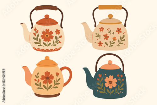 Charming teapot and kettle collection with retro floral patterns. Hand-drawn vector illustration set of kitchenware for cozy tea time. Vintage 70s folk art style design elements.