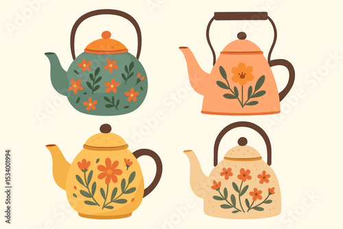 Cute teapot and kettle collection with hand drawn floral patterns. Retro Scandi style illustration set for tea party, cafe menu, kitchen decor, or hygge lifestyle concept.