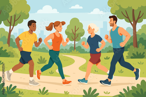 Happy diverse group of friends jogging in a city park. Multiethnic young and senior people running together. Concept of a healthy active lifestyle, fitness, cardio, and wellness.