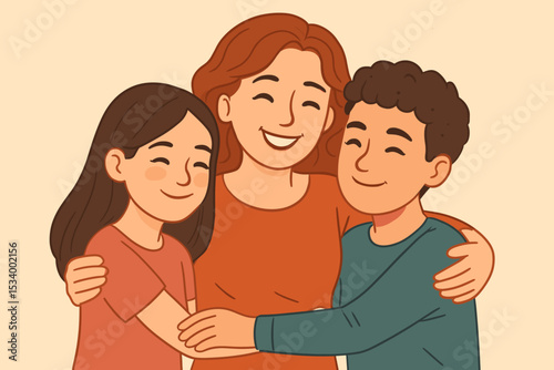 Loving mother embracing her son and daughter. Happy family concept. Motherhood, love, and care. Single mom with two children hugging. Flat cartoon vector illustration.