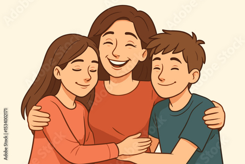 Happy loving mother embracing her son and daughter. A single mom with two kids sharing a warm hug. Motherhood, family bonding, and togetherness concept vector illustration.