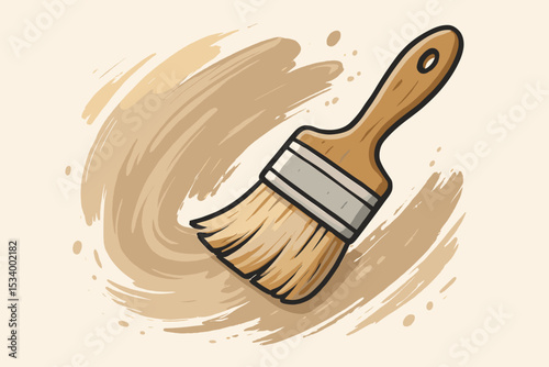 Paint brush making a beige paint stroke on a wall. Concept for home improvement, renovation, decorating and DIY projects. Painter tool for repair. Cartoon vector illustration.