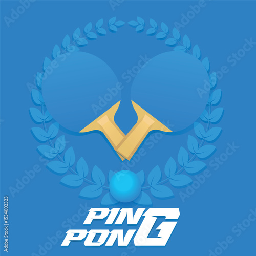 Table tennis rackets, ball, laurel wreath, blue background. Poster for ping pong tournament, professional competition, champion match winner, sports hobby, racket sport