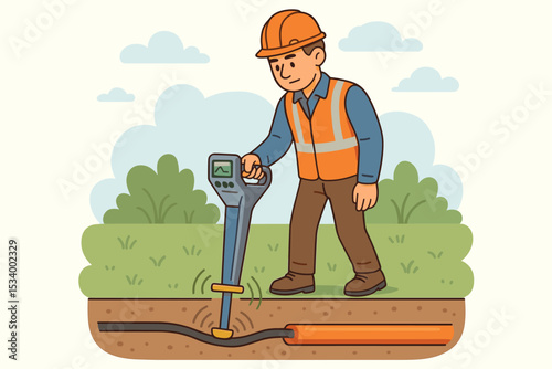Surveyor or engineer using a utility locator to find underground pipes and cables. Construction worker in hard hat and safety vest performing inspection with ground penetrating radar.