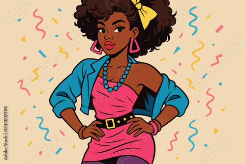 Retro 80s party concept. Stylish African American woman in vibrant vintage fashion. Confident black woman with afro hair, colorful clothes at a celebration with confetti. Pop art vector.