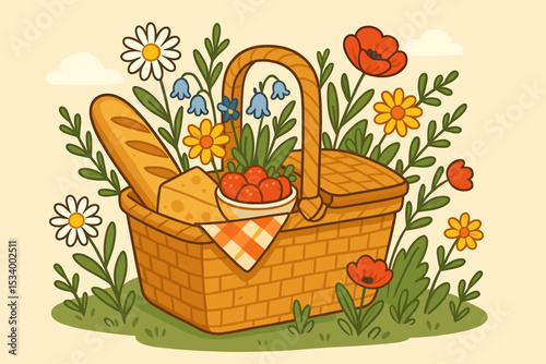 Picnic basket illustration with food for a summer outdoor lunch. Wicker hamper with bread, cheese, and strawberries in a field of flowers. Retro cartoon vector graphic for leisure.