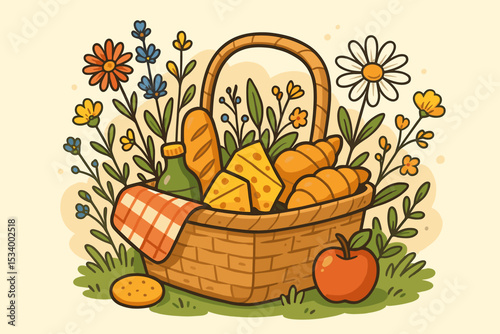 Idyllic summer picnic basket full of food. Cute cartoon illustration for outdoor dining. Wicker hamper with baguette, cheese, croissant, apple and drink among wildflowers on grass.