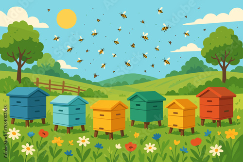 Bucolic apiary scene with colorful beehives and honey bees flying over a flower meadow. Vector illustration of beekeeping, apiculture and honey farming in a summer countryside.