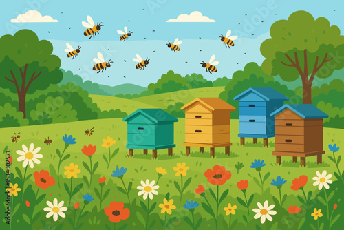 Bucolic apiary with colorful beehives on a summer meadow. Cute cartoon bees flying over wildflowers. Beekeeping, honey production, and pollination concept. Rural nature landscape.