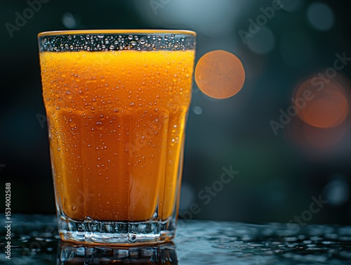 Close-up of a glass of orange juice with water droplets