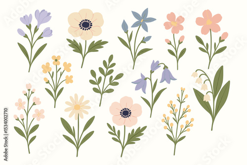 Spring floral collection with hand drawn wildflowers. Botanical vector set of cute flowers like anemone, daisy, bluebell. Elegant isolated elements for garden or wedding design.