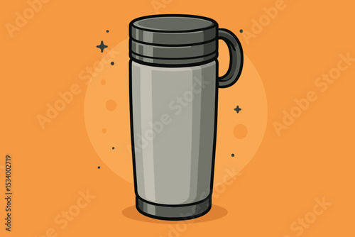 Insulated thermo tumbler travel mug vector illustration. Reusable cup for hot drinks like coffee and tea. Portable container for beverages on the go, camping, or office commute.