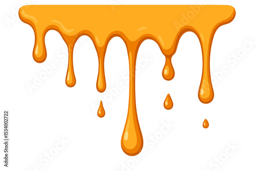 Dripping honey or golden caramel syrup. Flowing sweet liquid sauce vector illustration. Sticky yellow drops isolated on white background. Melted honey, maple syrup or dessert topping.