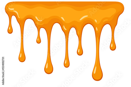 Dripping honey or golden syrup vector illustration. Flowing caramel sauce or sweet liquid drops. Seamless sticky drip border isolated on white background for food design.