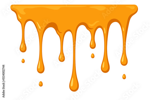 Dripping honey border vector graphic. Melted golden sweet syrup or caramel sauce flowing down. Liquid splash and drops cascade. Cartoon design element isolated on white background.