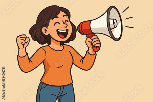 Happy cartoon woman shouting in a megaphone. Joyful girl making a loud announcement with a loudspeaker. Concept of communication, protest, alert, news, and promotion. Vector illustration.