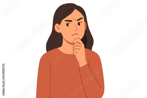 Skeptical woman thinking with a doubtful, suspicious facial expression. Young person pondering and questioning. Female character frowning with distrust. Concept of disbelief, analysis.