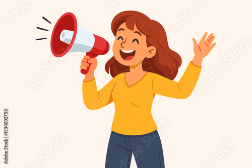 Joyful woman with megaphone making an important announcement. Happy female character shouting in loudspeaker. Concept for promotion, alert, marketing, communication, news. Vector.