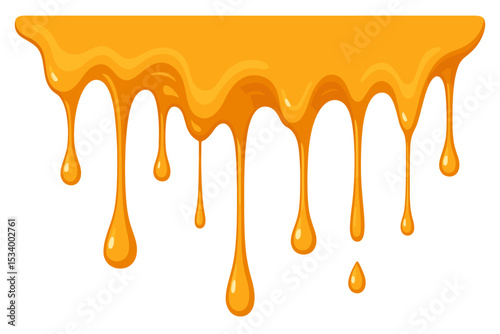 Dripping honey vector illustration. Golden yellow syrup flowing down in drops. Sweet sticky liquid, melted caramel sauce or amber nectar. Seamless border design element isolated.