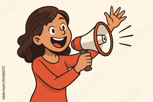 Woman shouting in megaphone making an announcement. Happy girl with bullhorn, communication concept. Vector illustration for marketing, protest, alert or public speaking.