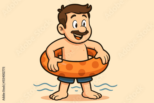 Funny cartoon man with mustache holding a swim ring at the beach. Happy character on summer vacation. Vector mascot illustration for seaside holiday, swimming and leisure concepts.