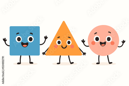 Set of cute geometric shape characters. Happy smiling square, triangle, and circle mascots waving. Funny cartoon figures for kids education, preschool learning about geometry.