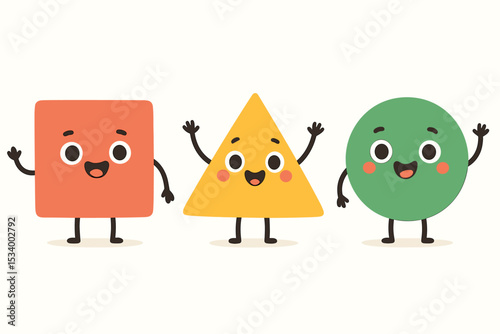 Cute geometric shapes characters. Cartoon square, triangle, and circle with happy smiling faces. Education concept for kids, preschool, and kindergarten. Funny mascot vector set.