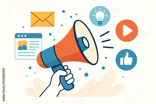 Digital marketing concept with hand holding megaphone. Social media, content strategy, email advertising, and promotion icons. Vector illustration for business communication and brand announcement.