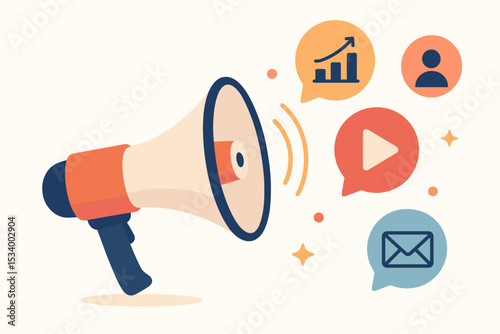 Digital marketing concept with a megaphone announcing business strategy. Advertising and promotion illustration with icons for email, video, analytics, and target audience.