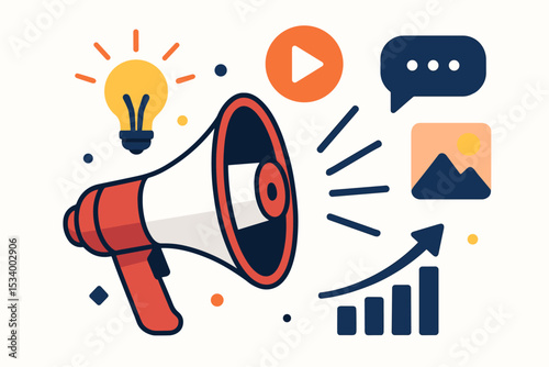 Digital marketing concept with megaphone for advertising and promotion. Social media, content creation, and business growth strategy. Creative ideas and analytics vector illustration.