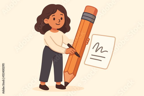Creative woman character with a giant pencil writing on a document. Concept of big ideas, creativity, education, and signing contracts. Cartoon female artist or student vector illustration.