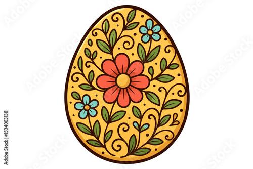 Decorative Easter egg with a floral folk art pattern. Vector illustration of a traditional pysanky style ornament for spring holiday. Cartoon painted egg isolated for greeting card.