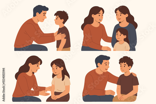 Parents talking with children illustration set. Father and mother giving support and comfort to son and daughter. Family communication, mental health, and trustful relationship concept.