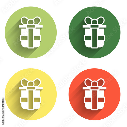 Set Gift box icon isolated with long shadow background. Happy Birthday. Color circle button. Vector