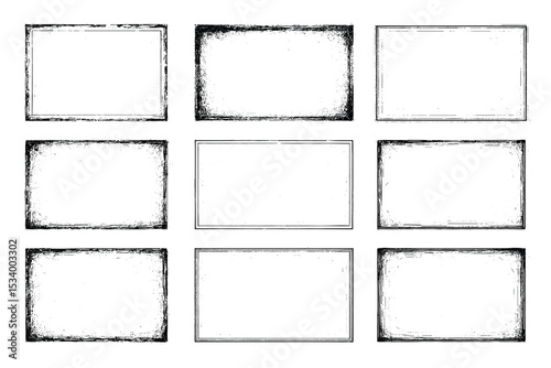 Set of distressed black rectangle vector frames with rough edges.