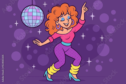 Vector illustration of a retro 80s girl dancing at a disco party. Happy cartoon character in vintage fashion with leg warmers under a disco ball. Nostalgia music nightclub theme.