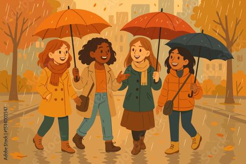 Diverse group of happy female friends walking together with umbrellas in the rain. Autumn city park scene with women talking and smiling. Friendship and togetherness concept.
