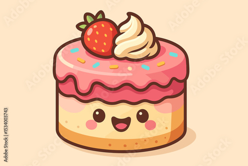 Cute kawaii cake character with happy face. Sweet dessert cartoon with strawberry and pink frosting. Birthday party food mascot vector illustration for kids celebration.