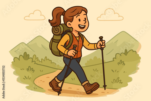 Happy woman hiking in mountains. Cartoon character girl on an outdoor adventure. Female explorer with backpack and poles trekking on a nature trail. Vector travel lifestyle concept.