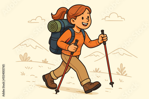 Happy woman hiking on a mountain trail. Girl backpacking with trekking poles, enjoying an outdoor adventure. Active lifestyle and travel concept. Cartoon vector character illustration.