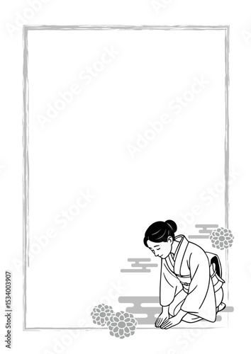和風フレーム背景　正座でお辞儀をする着物の女性