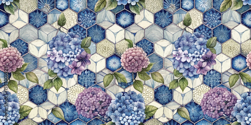Charming floral pattern with blue and purple hydrangeas on a hexagonal tile background.