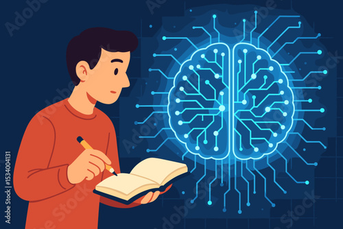 Concept of learning and artificial intelligence. Man studying and writing notes. Digital brain as a neural network, circuit board. Machine learning, innovation, research, knowledge.
