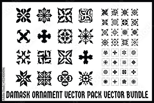 Damask Floral Ornament & Flower Silhouette Vector Bundle
